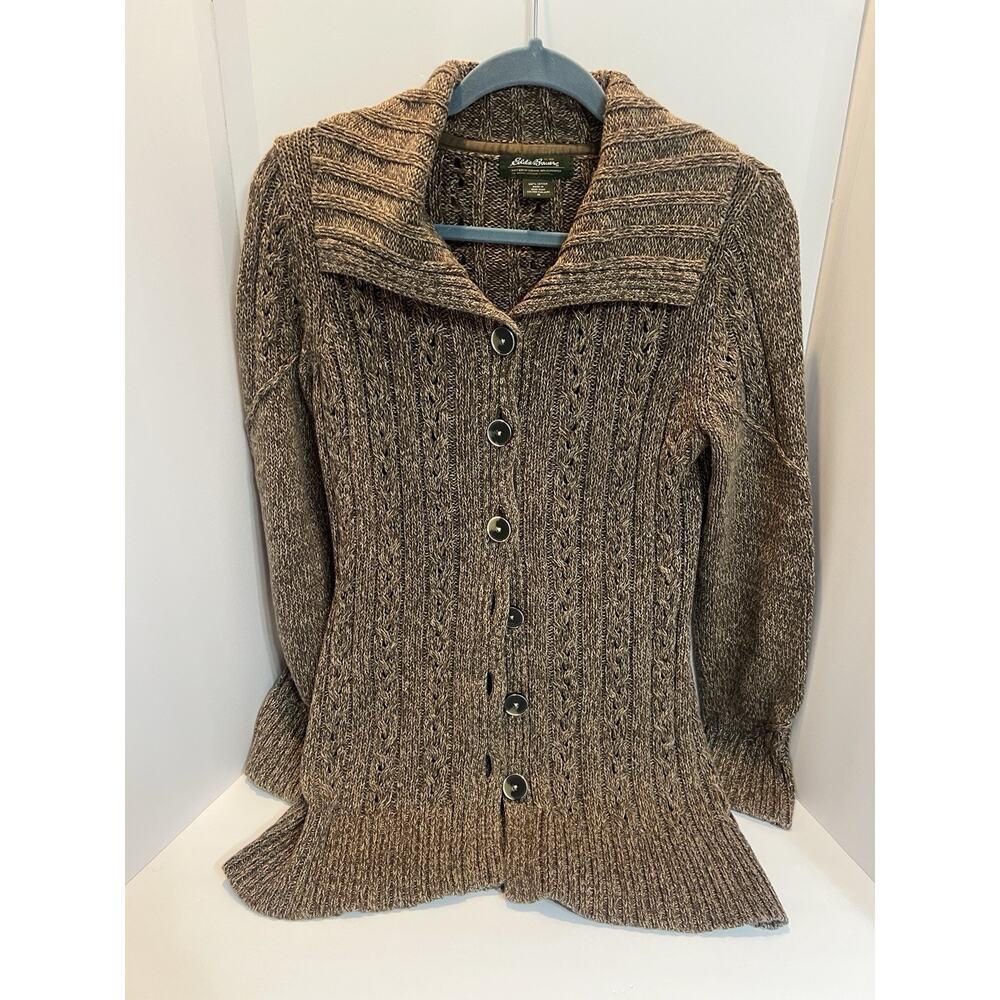 Eddie Bauer Brown Marled Cable Knit Cotton Cardigan Sweater Shawl Collar Medium
